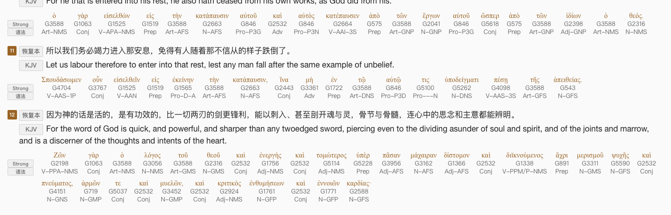 希伯来书四章十二节逐字原文:神的话剖开魂 (ψυχῆς G5590) 与灵 (πνεύματος G4151),各字附 Strong 编号、词性语法与行间译文